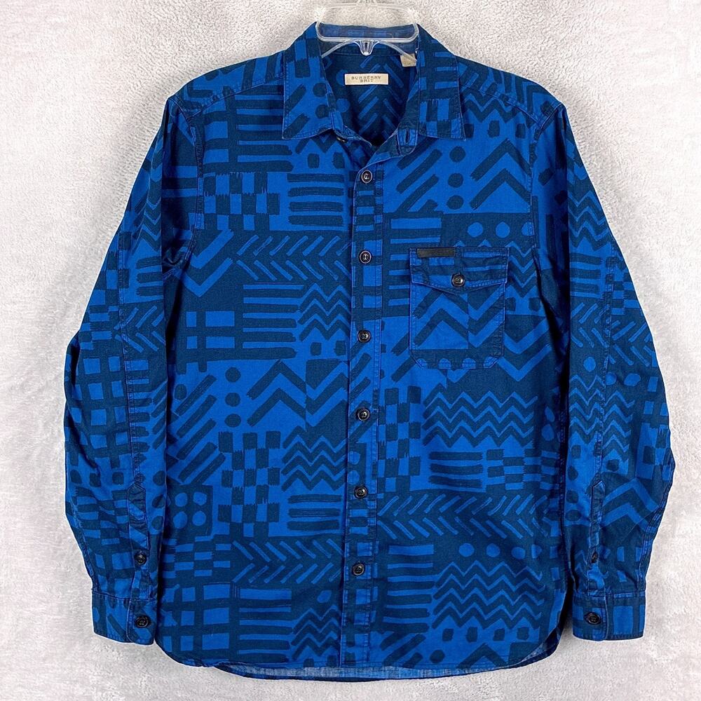 Burberry Brit Shirt Mens M Blue Geometric Abstract Luxury Streetwear Designer